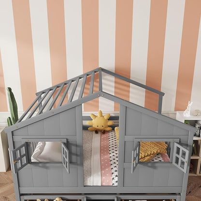 KEIKI Full Size Wooden House-Shaped Loft Bed with Roof, Windows, 4 Storage Drawers, Guardrail, Ladder, for Boys and Girls, Loft Bed with Slats, Easy Assembly, No Box Spring Required, for Bedroom, Grey