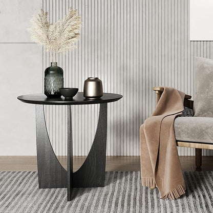 Round Side Table,Modern Aesthetic End Table with Oak Veneer,Wood Accent Table for Living Room, Bedroom (A, Black)