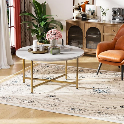 Round Coffee Table, 31.5" Circle Coffee Table, Coffee Tables Living Room, Gold Coffee Table Round for Indoor & Outdoor Use, Office, Patio or Garden, Large White & Gold (31.5" D x 17.7" H)