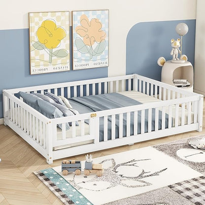Bellemave Full Floor Bed with Slats and Safety Guardrails, Kids Montessori Floor Beds with Fence and Door, Easy Assemble Floor Bed for Kids, Girls, Boys, White
