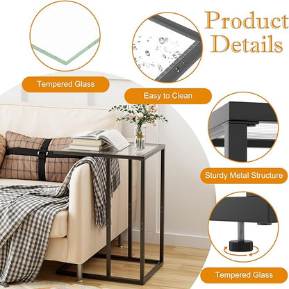 C Shaped End Table Set of 2, Couch Side Tables for Living Room, Small Glass End Table with Metal Frame, Modern Snack Table for Bedroom, Small Space, Easy Assembly, Black, 23.62 x 15.75 x 11.81