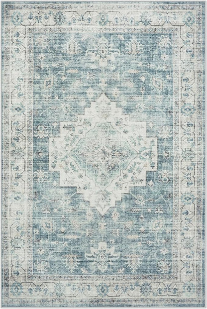 LIVEBOX Washable Area Rug 6x9 Rugs for Living Room Dining Room Under Table, Non-Slip Boho Indoor Carpet for Bedroom, Low-Pile Farmhouse Soft Carpets for Nursery Room Playroom, Blue