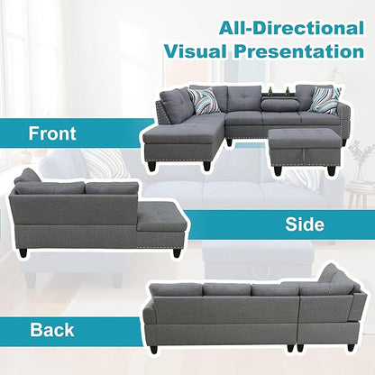 L Shaped Couch Modern Sectional Couch Upholstered Linen Fabric 3 Pieces Sofas for Living Room with Chaise, Storage Ottoman for Office and Small Apartment, Charcoal
