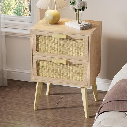 Rattan Nightstand Set of 2,Side Table with Hand Made Rattan Decorated Drawers,Boho Bedside Table,Wood Accent Table with Storage for Small Space,Livingroom, Bedroom, Natural CTG59Y-2