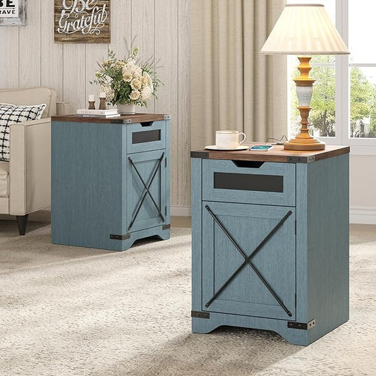 Farmhouse End Table Set of 2 with Charging Station, 26.4" Tall Rustic Nightstand with Drawer and X Barn Door, Country Bedside Sofa Side Table for Living Room, Blue