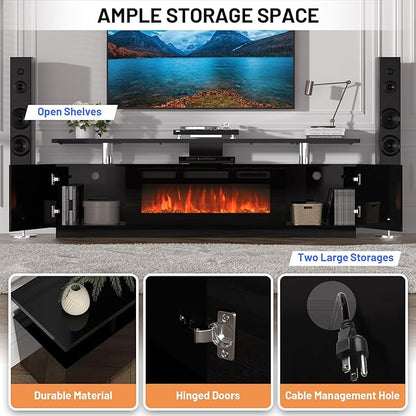 70'' Fireplace TV Stand, Entertainment Center with 36'' Firplace, 2 Tier TV Console Cabinet with Storage Cabinet, Electric Fireplace Heater with LED Light and 12 Flame Colors, Black