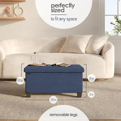 STORAGEBUD Storage Ottoman Bench with Bins, 30-in Storage Bench for Bedroom End of Bed, Folding Foot Rest Ottoman for Living Room Max 660lbs, Fabric Ottomans, Blue