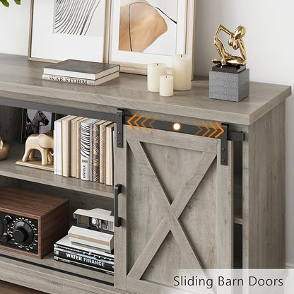 GarveeHome Farmhouse Tv Stand for 65 Inches TVs, Entertainment Center with Sliding Barn Doors and Adjustable Shelf, Modern Media TV Console TV Stand Table for Living Room, Bedroom, Grey