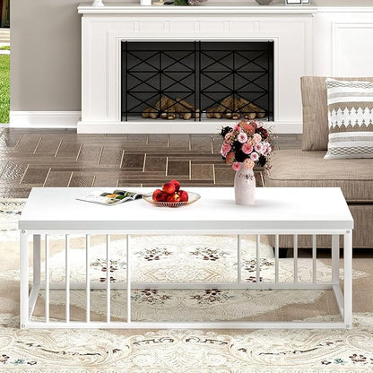FOLUBAN White Coffee Table, Modern Rustic Wood and Metal Center Table, Industrial Rectangle Cocktail Tea Table for Living Room, White, 43.3 Inch