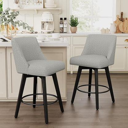 Vipbear Swivel Counter Height Bar Stools Set of 4,26.8" H Counter Stools with Back, Mid Century Modern Bar Stools for Kitchen Island,Linen Fabric,Wooden Base, Light Gray