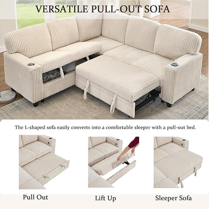 Ball & Cast Modular Sectional Sleeper Sofa Bed,L-Shaped Couch W/Pull Out Bed and USB Charging,Cupholders&Storage Seats,Convertible Sleeper Sofa Beds for Living Room,Apartment,Corduroy Fabric,Beige,81"
