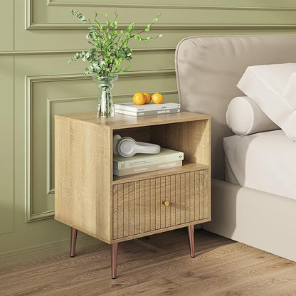 Wood Night Stand Set 2,Modern Bedside Table with Door and Open Storage,Fluted Nightstand and Wood End Side Table with Rose Gold Metal Legs and Handles for Bedroom,Living Room,Natural