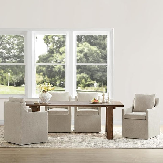 Upholstered Dining Chairs with Casters Easy Assembly Side Deskchair with Rollers for Diningroom, Living Room, Khaki, 4 Box