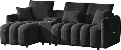 92-Inch Teddy Boucle Tufted Sofa Couch with Storage Console and Chaise Lounge, L-Shaped Left Facing Corner Sectional Sofa Couch with Cupholders, USB Ports and Golden Accent for Living Room Office