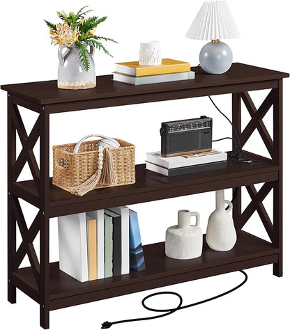 Yaheetech Console Table with Power Outlet, 3 Tier Narrow Sofa Couch Table with Storage Shelves, Wood Entryway Table Side Table for Living Room, Hallway, Entrance, Bedroom, Espresso