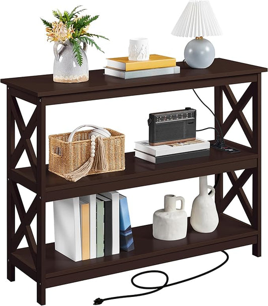 Yaheetech Console Table with Power Outlet, 3 Tier Narrow Sofa Couch Table with Storage Shelves, Wood Entryway Table Side Table for Living Room, Hallway, Entrance, Bedroom, Espresso