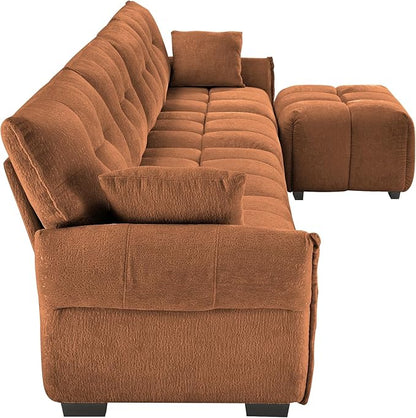 Modern Chenille Fabric 4-Seat Sofa w/Ottoman+2 Pillows, Premium Upholstery Living Room Couch with Tufted Backrest & Comfortable Armrests and High-Resilience Memory Foam Cushions,Orange