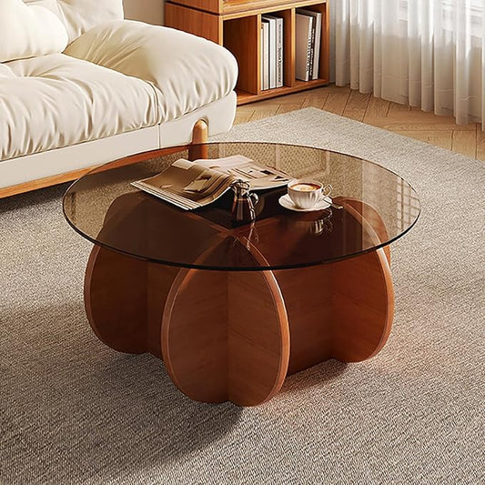 Modern Round Glass Coffee Table - Mid Century Small Coffee Table for Living Room, Suitable for Bedroom Living Room Reception Offices Couch Tables(Walnut/Brown)