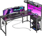 PRAISUN L Shaped Gaming Desk with Shelves, Corner Computer Table with LED Lights, Power Outlets and USB-C Ports, 50 Inch Reversible Home Office Desk with Storage Drawer, for Work and Study, Black