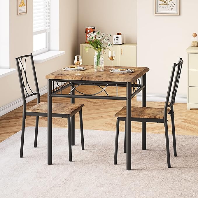 Dining Table Set for 2, Kitchen Table with 2 Chairs, Wood 3-Piece Kitchen Dining Room Table Set for Apartment, Small Space, Space Saving, Retro Brown