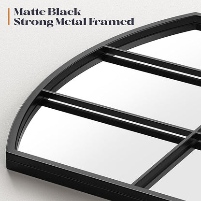 Window Pane Black Mirror, 36" x 24" Farmhouse Arched Window Mirror, Large Grid Mirror for Living Room Bedroom Fireplace Hallway Entryway