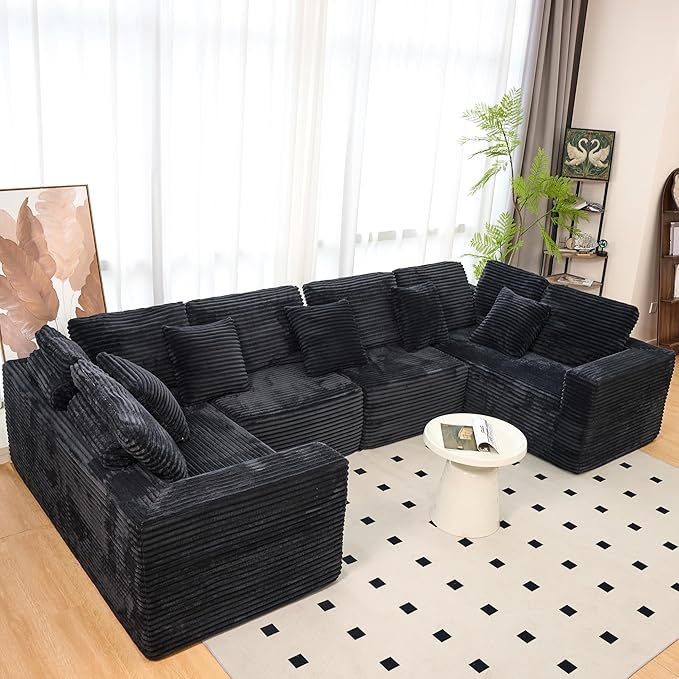 KEIKI 135" U Shape Sectional Sofa,6-Seater Modular Couch with Striped Corduroy Fabric for Living Room,Reversible Design