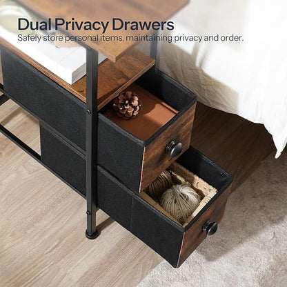 HOOBRO Set of 2 Narrow End Tables with Charging Station, Slim Side Table with 2 Fabric Drawers, Skinny Nightstand with Storage, Slim Bedside Table for Small Spaces, Rustic Brown and Black BF487UBZP201