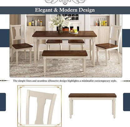 6 Pieces Dining Table Set with 60" Rectangle Kitchen Desk,Living Room Furniture W/ 4 Concave Arc Chairs & 1 Bench,for Restaurant,Home Bistro,Brown+Cottage White
