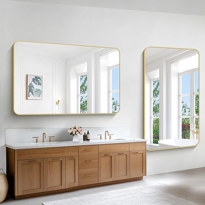 BONEWEI Gold Bathroom Mirror,60x36 inch Wall Mirror for Bathroom Wall Mounted,Round Rectangle Mirror for Bathroom Over Sink,Modern Frame for Home Decor Living Room,Bedroom Entryway,Horizontal/Vertical