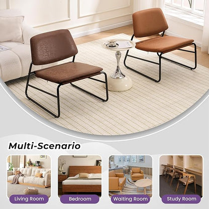 Modern Accent Chair Comfy Living Room Chair Armless Sling Accent Chairs Upholstered Side Sitting Chairs with Metal Frame for Office Reception Reading Bedroom Waiting Room, Brown