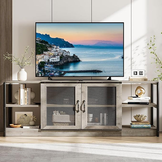 GarveeHome Farmhouse TV Stand for 75/80 Inch TVs, Entertainment Center with Storage Cabinet, 71'' Rustic TV Media Console Table, Furniture for Living Room, Grey