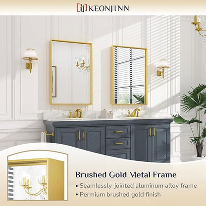 Keonjinn 24 x 36 Inch Brushed Gold Bathroom Mirror Gold Wall Mounted Vanity Mirror Metal Framed Rectangular Mirror for Bathroom Gold Rectangle Mirror with Aluminum Alloy Frame(Horizontal/Vertical)