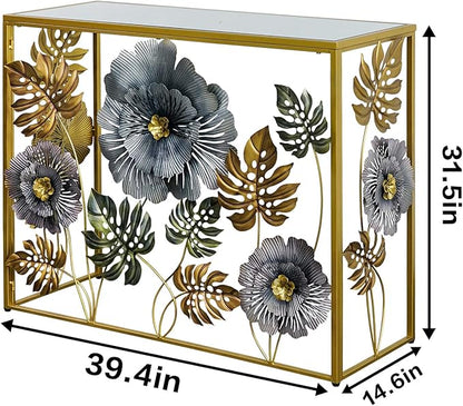 Console Table, Vintage Art Sofa Table with Metal Flower Decor, Narrow Entryway Tables with Glass Mirror Tabletop Behind Sofa, Narrow Accent Table for Entryway Living Room Hallway Bedroom