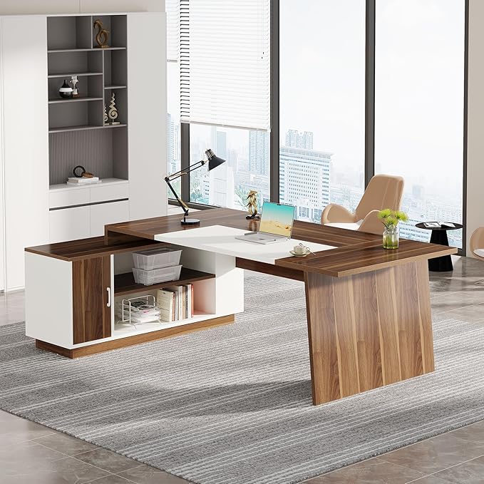 Tribesigns L-Shaped Executive Office Desk, 70.5-Inch Mid-Century Modern Executive Desk with Storage Cabinet and Shelves, Large Computer Desk for Home Office, Brown + White