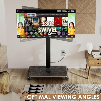 Rolling TV Stand with Power Outlet, Swivel Mobile Portable TV Cart for 32-75 Inch TVs up to 110 lbs, Landscape to Portrait, Height Adjustable Outdoor TV Stand with Wheels, Max VESA 600x400mm