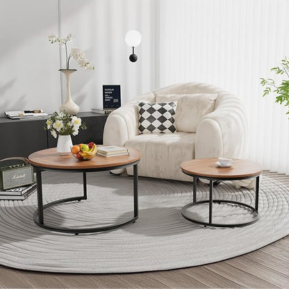 Nesting Tables Set of 2, 31.5" Round Coffee Table, Small Nesting Coffee Table with Adjustable Non-Slip Fee, Wood Grain Top Nesting Tables for Living Room, Bedroom (Wood Grain Brown)