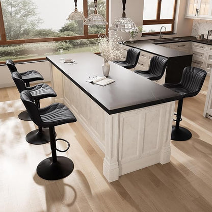 YOUNIKE Black Bar Stools Set of 6 Modern Swivel Counter Height Bar Chair with Back Adjustable Kitchen Island Faux Leather Padded Barstools taburetes de bar Breakfast sillas para barra de cocina 6PCS