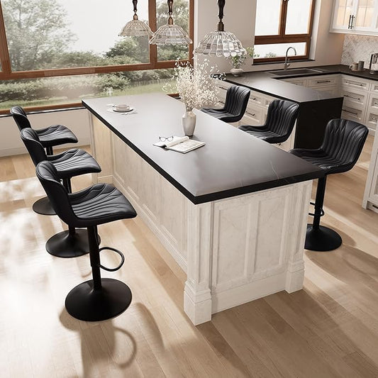 YOUNIKE Black Bar Stools Set of 6 Modern Swivel Counter Height Bar Chair with Back Adjustable Kitchen Island Faux Leather Padded Barstools taburetes de bar Breakfast sillas para barra de cocina 6PCS