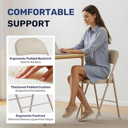 HealSmart 4 Pack Folding Chairs with Leather Padded Cushion Seats & Durable Metal Frame, Comfortable, Foldable, Portable, Commercial Event Seat, Indoor Outdoor for Home, Parties, Office, Kahki