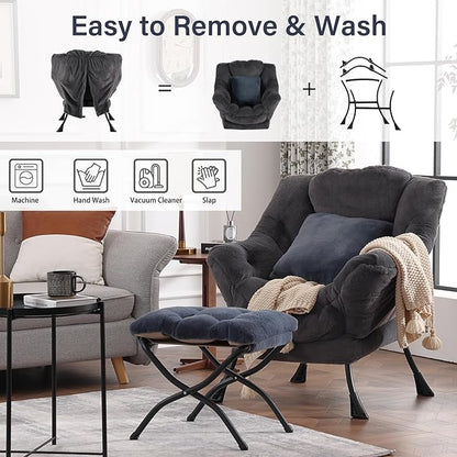 Lazy Chair with Ottoman, Reading Chair with a Pillow, Leisure Sofa Armchair with Ottoman, Large Accent Lounge Chair for Bedroom, Living Room, Dorm Room, Plush Blue-Gray