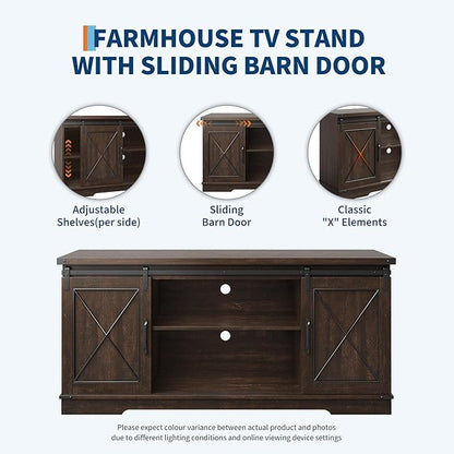 GarveeHome Farmhouse TV Stand for TV up to 65 Inches and Entertainment Center with Sliding Barn Doors and Adjustable Shelf, Tv Media Console Table with Storage Cabinet for Living Room, Bedroom, Brown