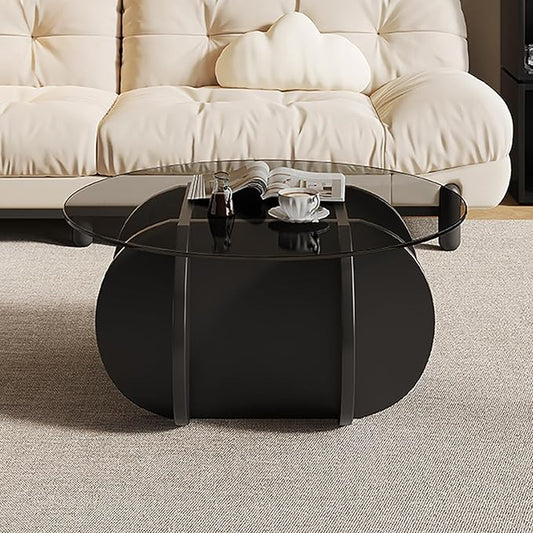Mid Century Modern Round Glass Coffee Table for Living Room, Black Small Coffee Table for Center, Suitable for Bedroom Living Room Reception Office Tables (Black/Grey)