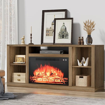 YESHOMY Electric Fireplace TV Stand for Televisions up to 65+ Inch, Media Entertainment Center Console Table with Four Open Storage Shelves & Cabinets, 58 Inch, Barnwood