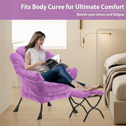 Lazy Chair with Folding Ottoman, Accent Chair Plush Upholstered with Metal Structure and Non-Slip Pads, Sofa Armchair with Footrest and Side Storage Bag for Dorm, Room, Office, Purple
