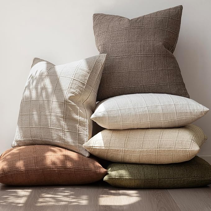 Foindtower Set of 2 Decorative Linen Check Throw Pillow Covers Neutral Farmhouse Vintage Cushion Covers Modern Boho Home Decor for Sofa Chair Couch Bedroom Living Room Outdoor,20×20 Inch,Taupe Grey