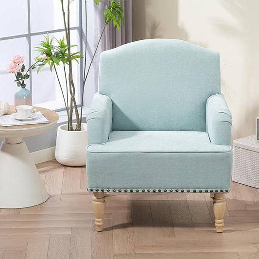 Ball & Cast Modern Accent Chair with Retro Wooden Legs & Nailhead Trim,Small Fabric Club Chair,Comfy Upholstered Armchair Lounge Seat for Bedroom Living Room Single Sofa, Sage