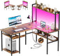 L Shaped Computer Desk with Hutch and Storage Shelves, Gaming Desk with LED Lights, Reversible L-Shaped Desk with Power Outlets, Home Office Desk, Corner Desk, Rustic Brown