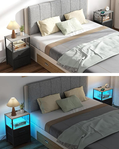 TUTOTAK LED End Table with Charging Station, Nightstand with Cloth Drawer, Side Table with 1 USB Port and 1 Type-C Port, Set of 2, Couch Table, Greige TB01BG052L
