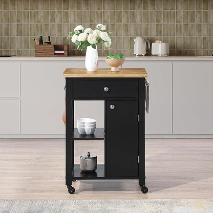 OSP Home Furnishings Derry Modern Farmhouse Kitchen Cart with Natural Butcher Block Top, Rolling Storage Cabinet with Drawer, Shelves, Hooks, Black Finish