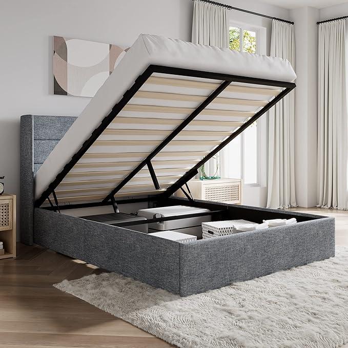 SHA CERLIN Queen Size Lift Up Storage Bed/Modern Wingback Headboard/Upholstered Platform Bed Frame/Hydraulic Storage/No Box Spring Needed/Wood Slats Support/Grey Blue